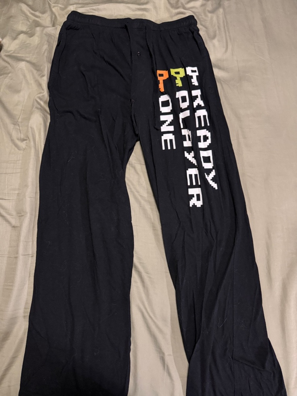 Black Graphic Lounge Pants with 'Ready Player One' Pixel Text